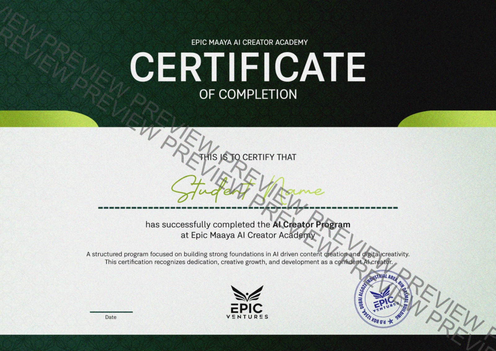 Epic Maaya AI Creator Academy certificate preview